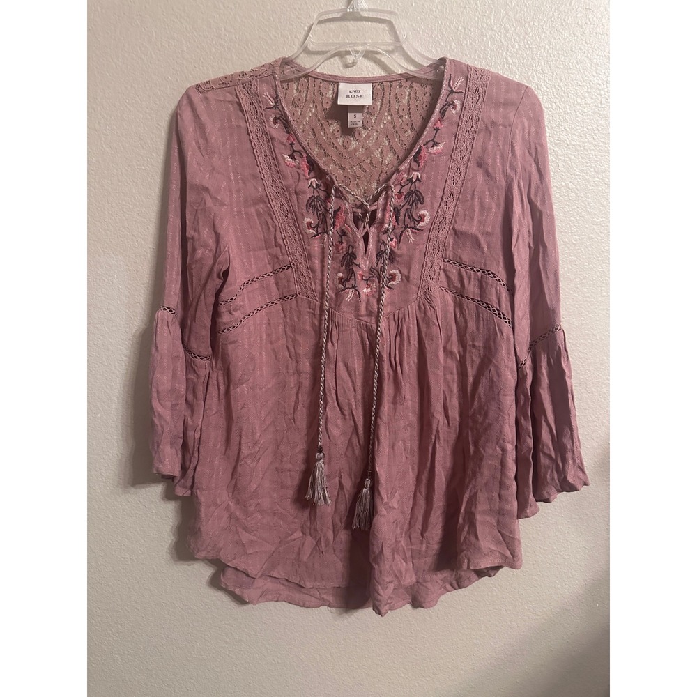 Knox Rose Womens Boho Top Mauve Embroidered Lace Up 3/4 Sleeve Blouse‎